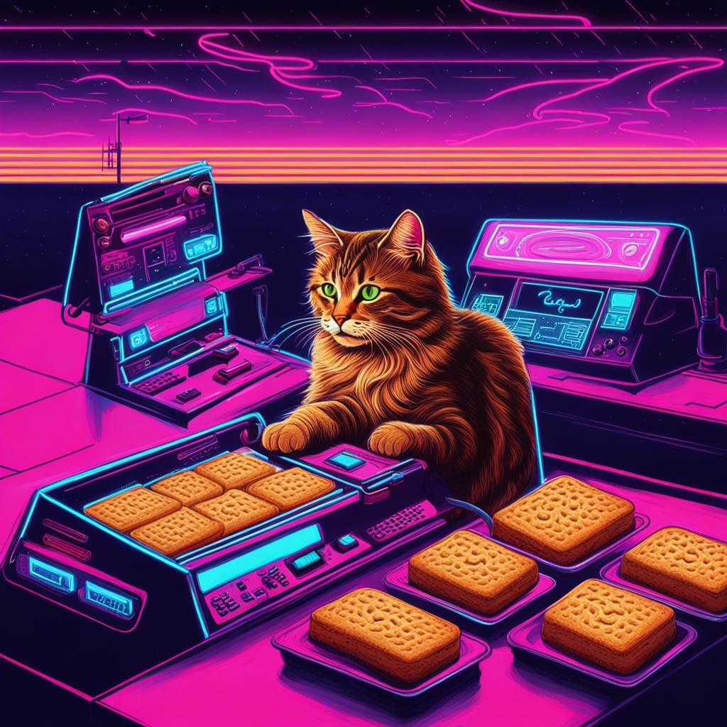 Cat CEO Manages Biscuit Company in Synthwave Style