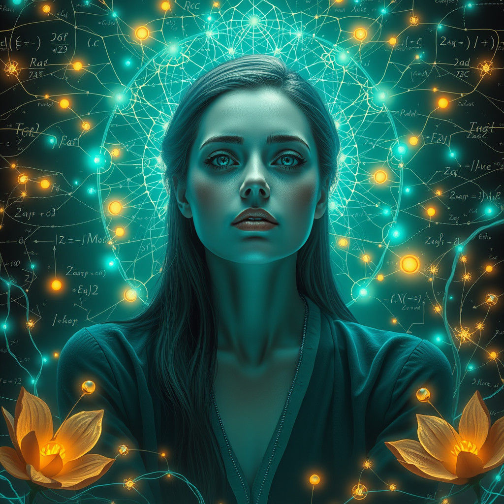 Futuristic Woman Surrounded by Equations in Cyberpunk Style