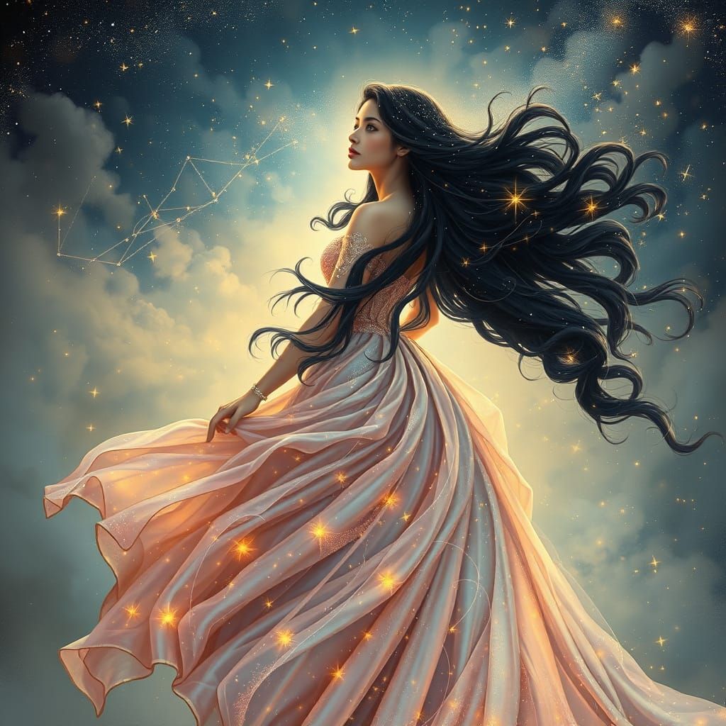 Celestial Woman in Ethereal Fantasy Art Nouveau Scene