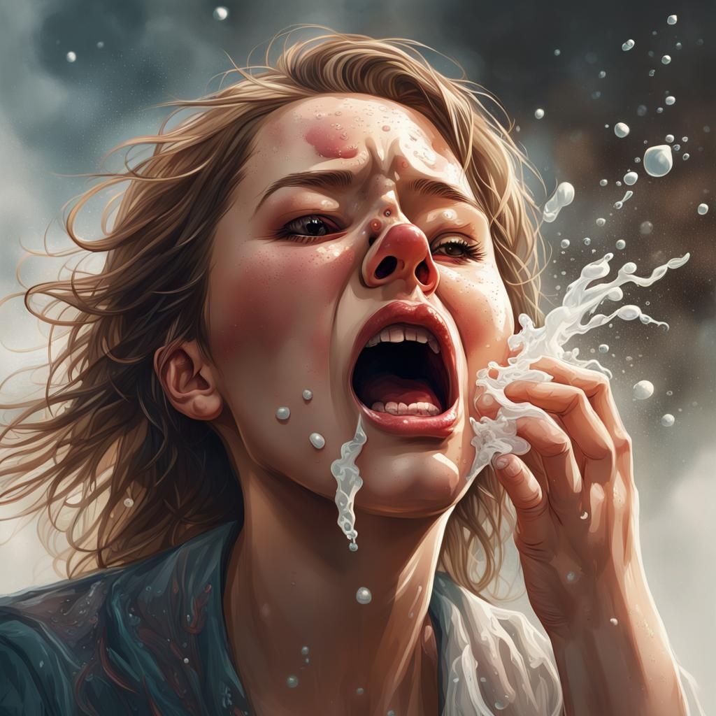 Hyperrealistic Splash Art of a Woman Sneezing