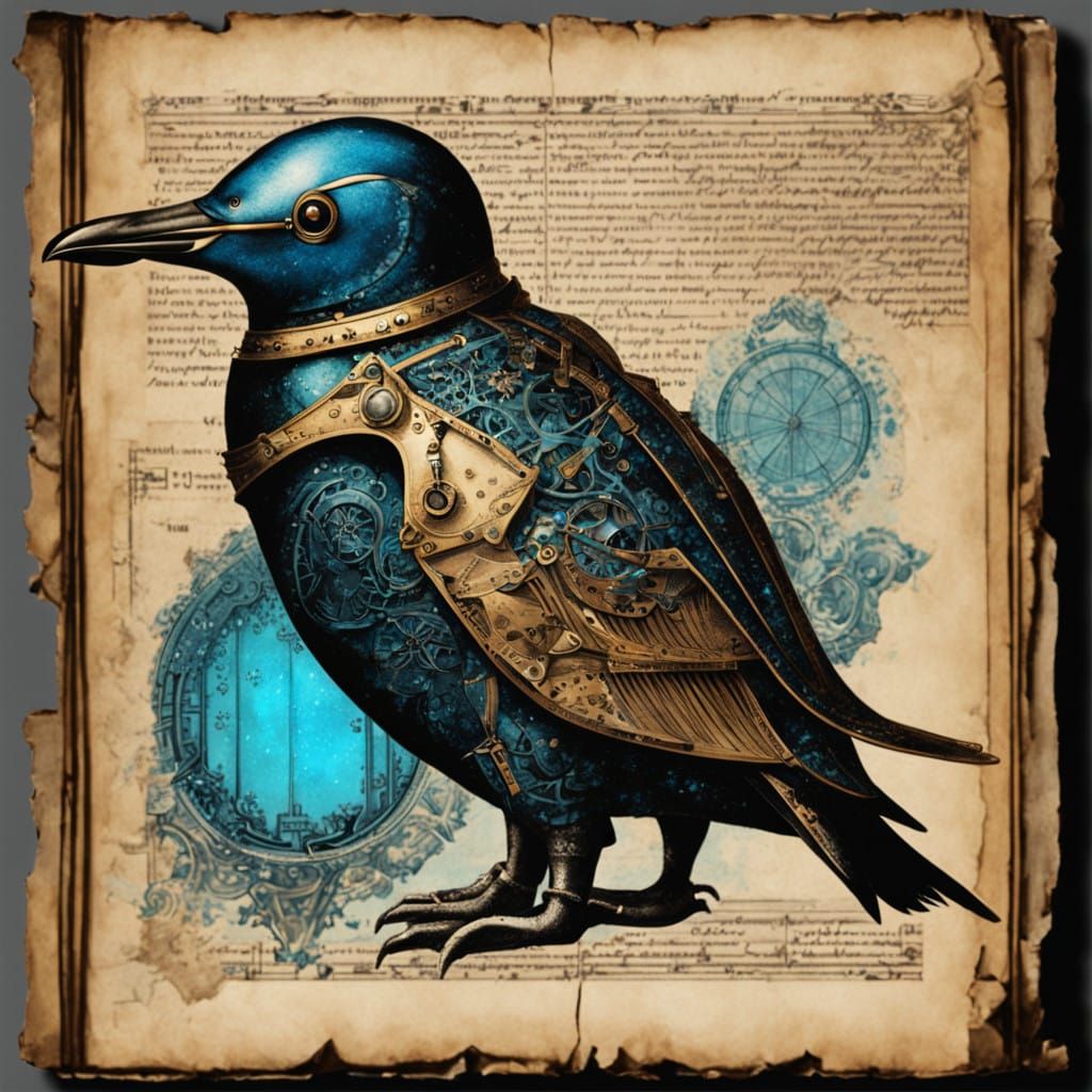 Steampunk BioMechanical Penguin Illustration in Vintage Styl...