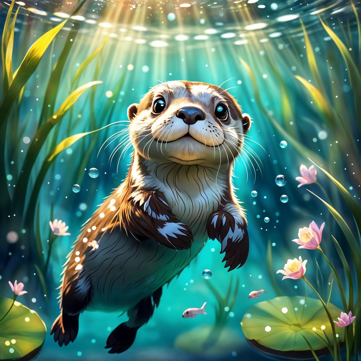 Cute Baby Otter in Enchanted Pond