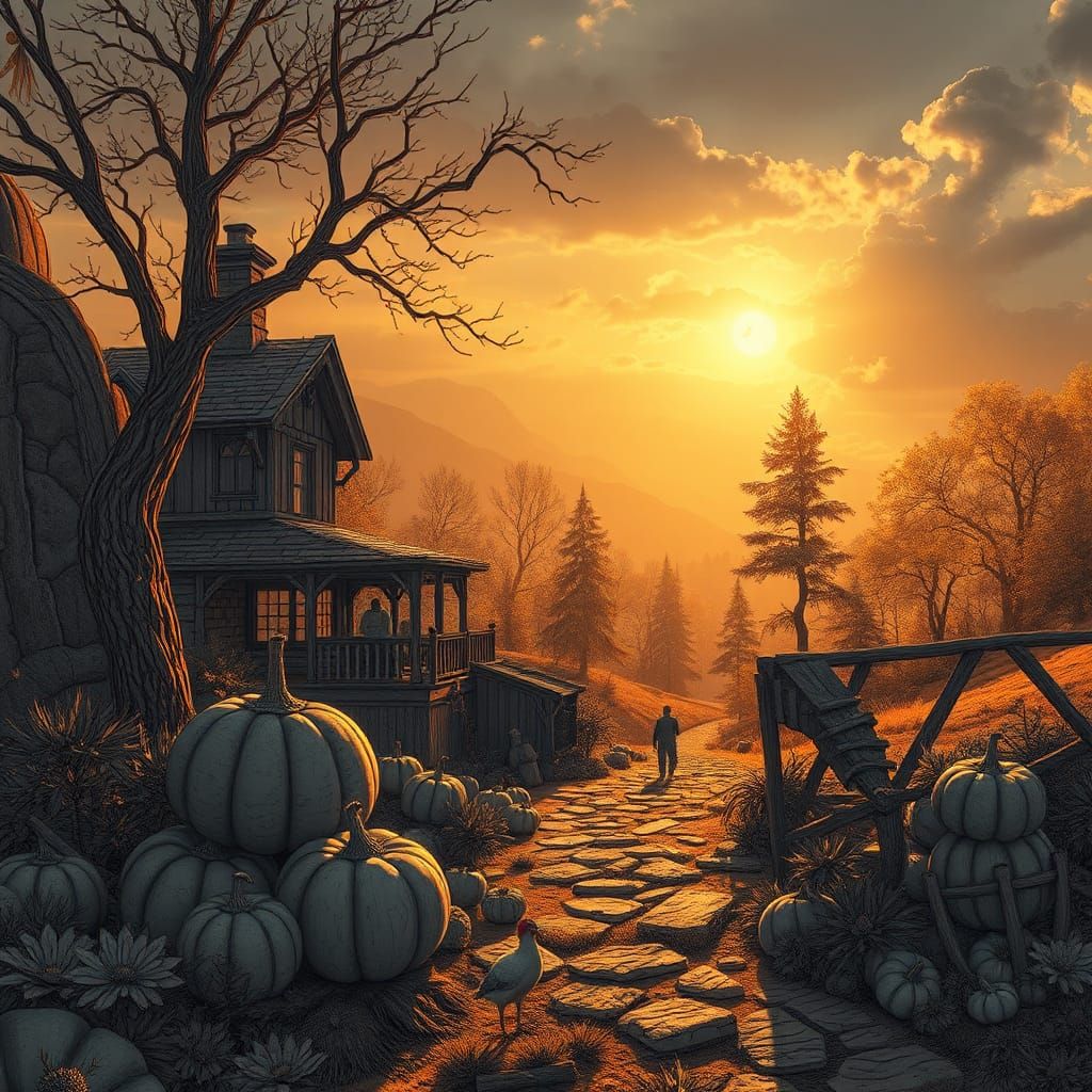 Whimsical Black and White Thanksgiving Scene with Golden Lig...