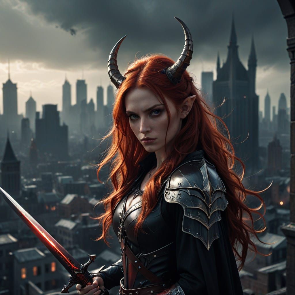 Ethereal Dark Fantasy Goddess with Horns and Sword