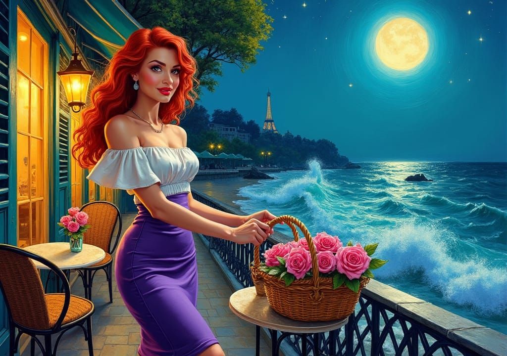 Parisian Cafe: Woman with Roses, Van Gogh Style