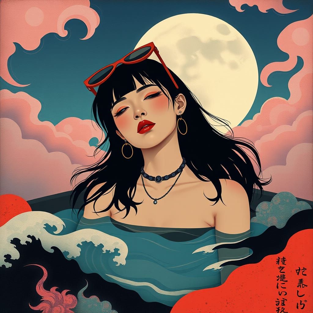 Modern Japanese Woman Bathing in Rothko-Inspired Moonlight