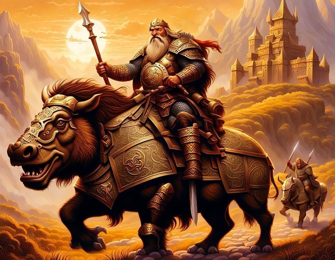 Dwarf King Rides Armored Warthog in Epic Fantasy Style