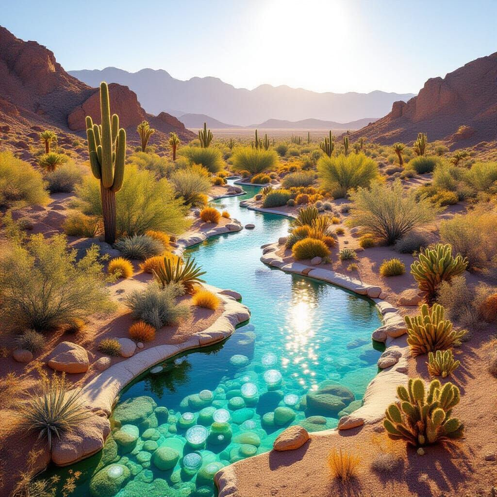 Surreal Desert Oasis with Shimmering Bubbles