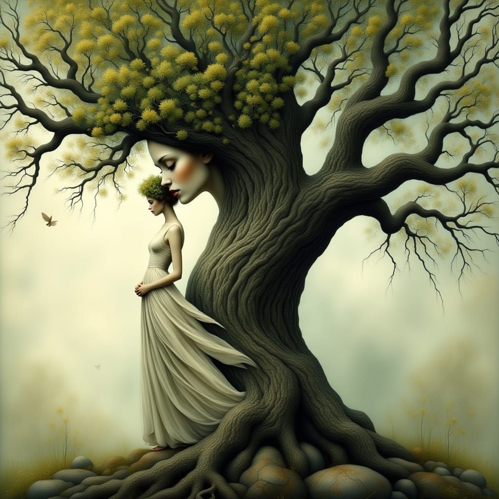 Ethereal Tree Maiden in Dreamlike Landscape