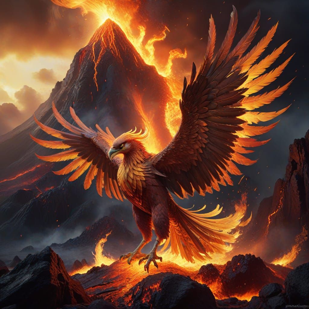 Golden Phoenix Rising from Volcano, Digital Matte Painting