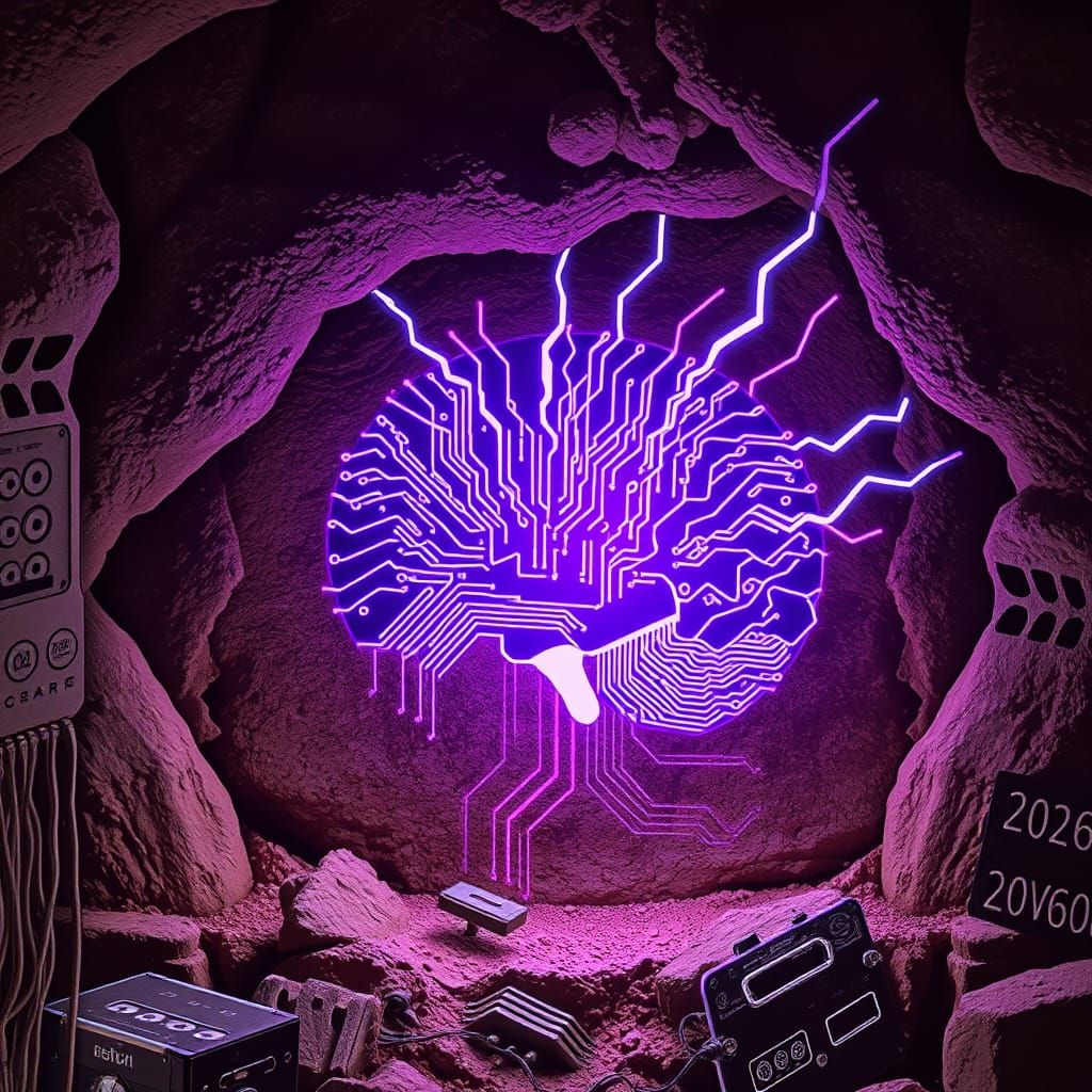 Primitive Circuitboard Synthbrain in Lascaux Cave Style