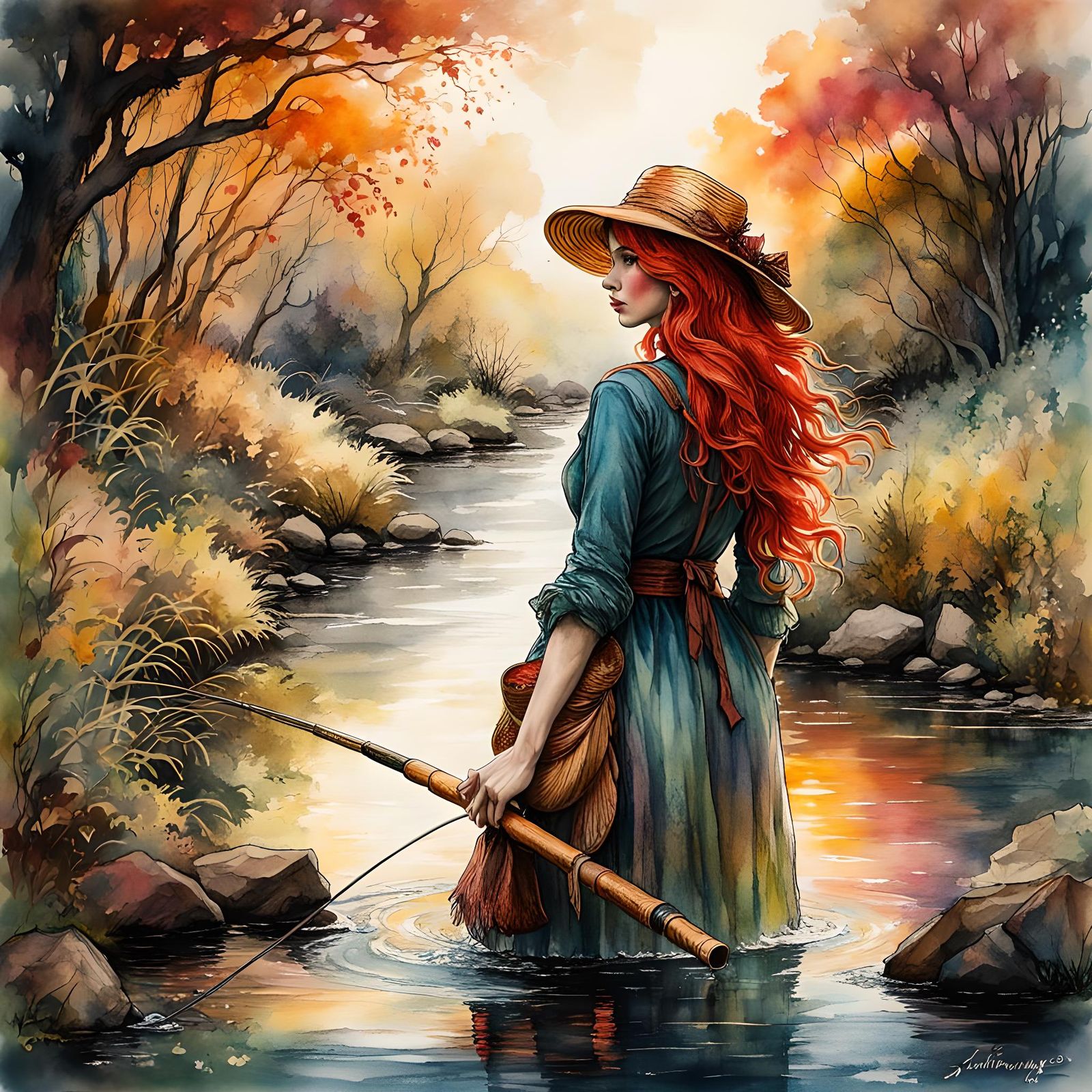 Redhead Girl Fishing in Creek, Watercolor Illustration
