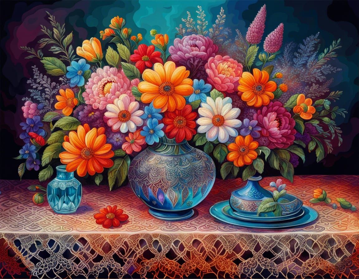 Crystal Vase with Flowers on Lace Table