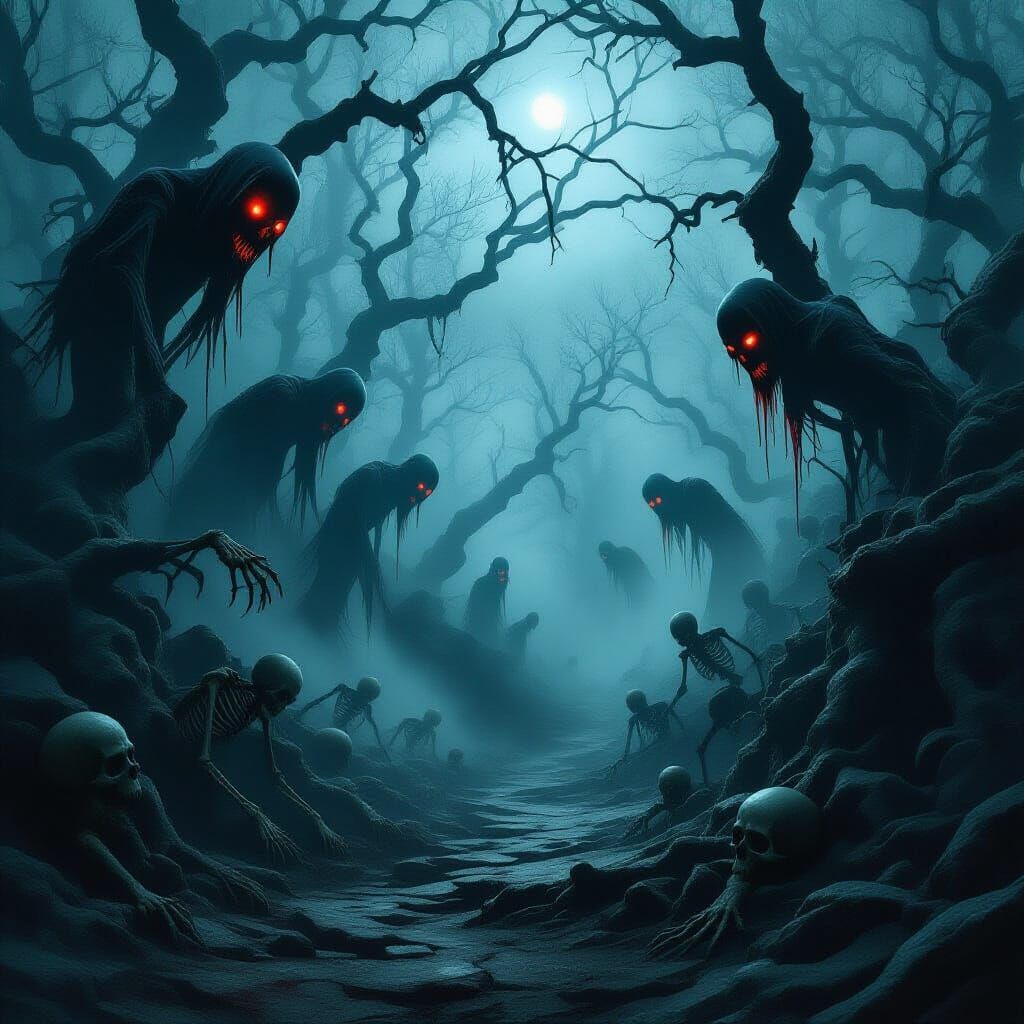 Terrifying Foggy Pathway With Eerie Spirits