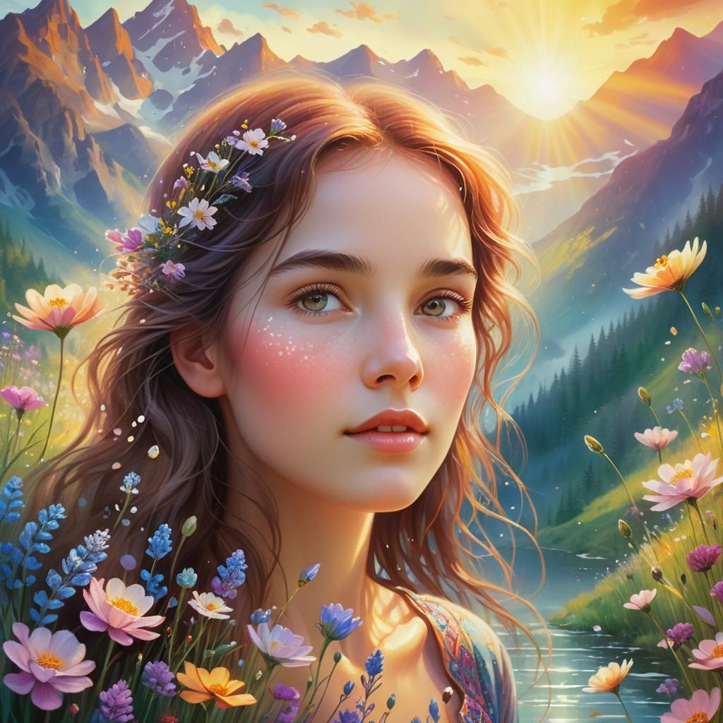 Ethereal Woman in Mystical Flowering Meadow