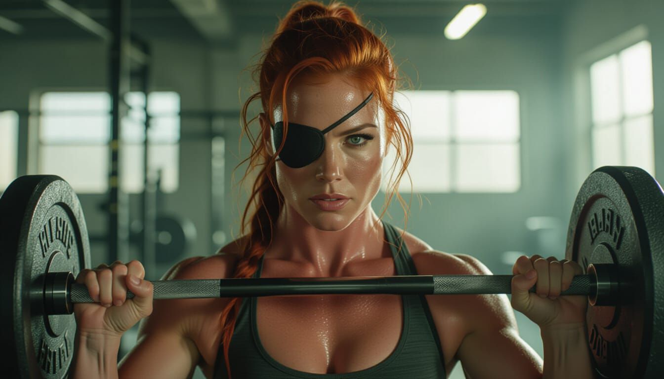 Redhead Warrior Woman Lifts Weights in Gritty Gym