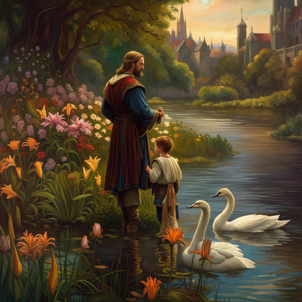 Medieval Father and Son by River, Waterhouse Style