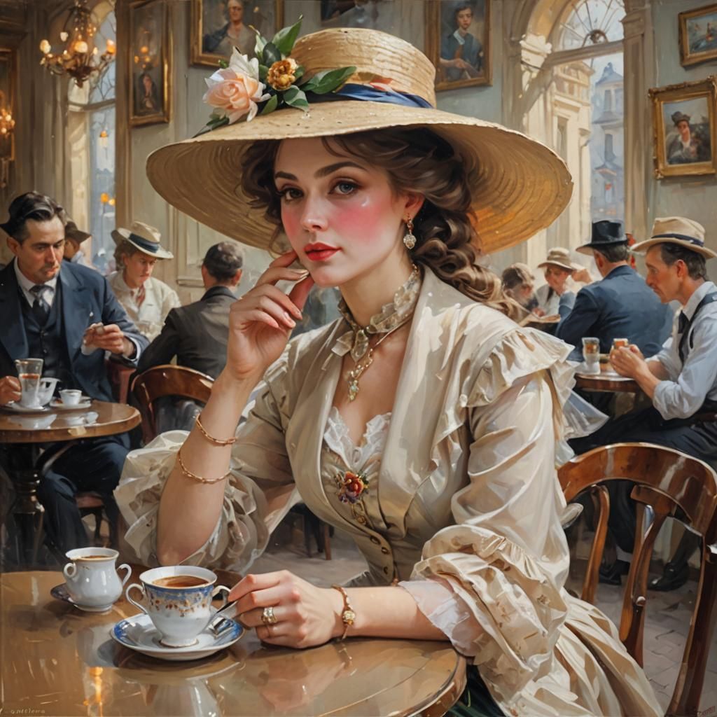 Elegant Woman at Cafe: A 19th Century Style Portrait