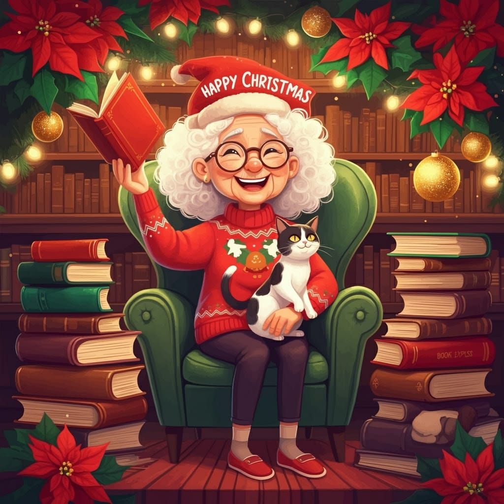 Festive Bookworm Lady in Vibrant Cartoon Style