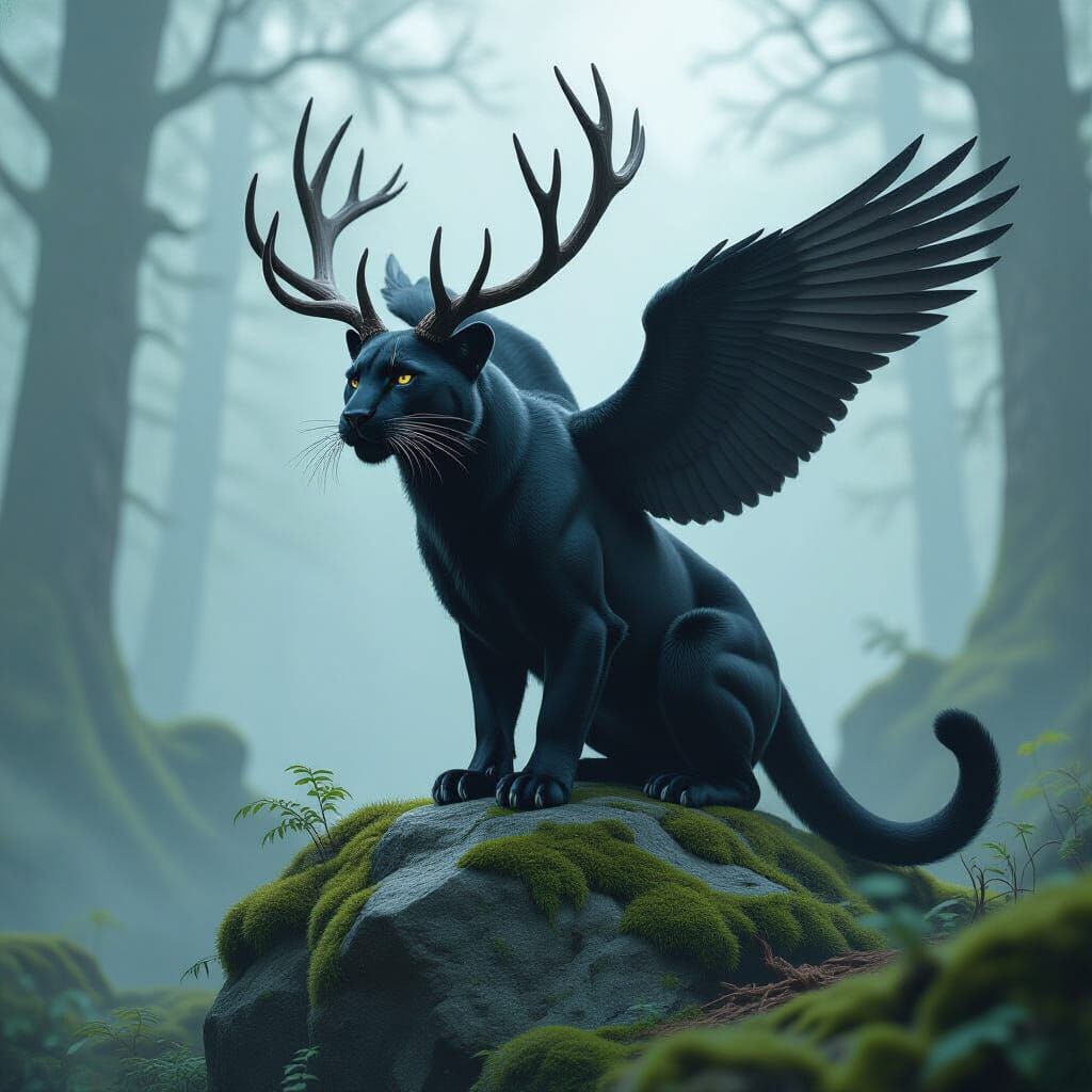 Winged Panther with Antlers in Misty Forest