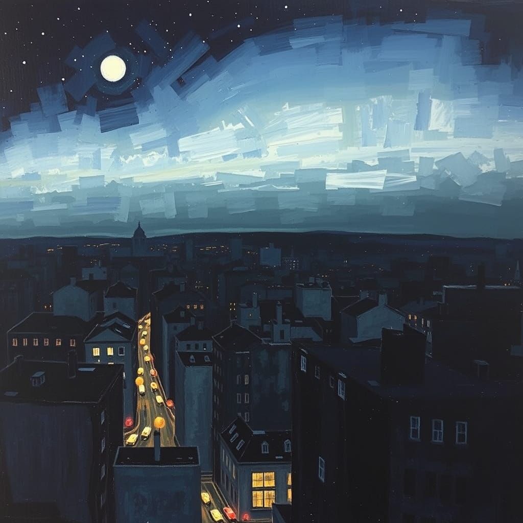 Expressionist Cityscape Under Starry Night Sky