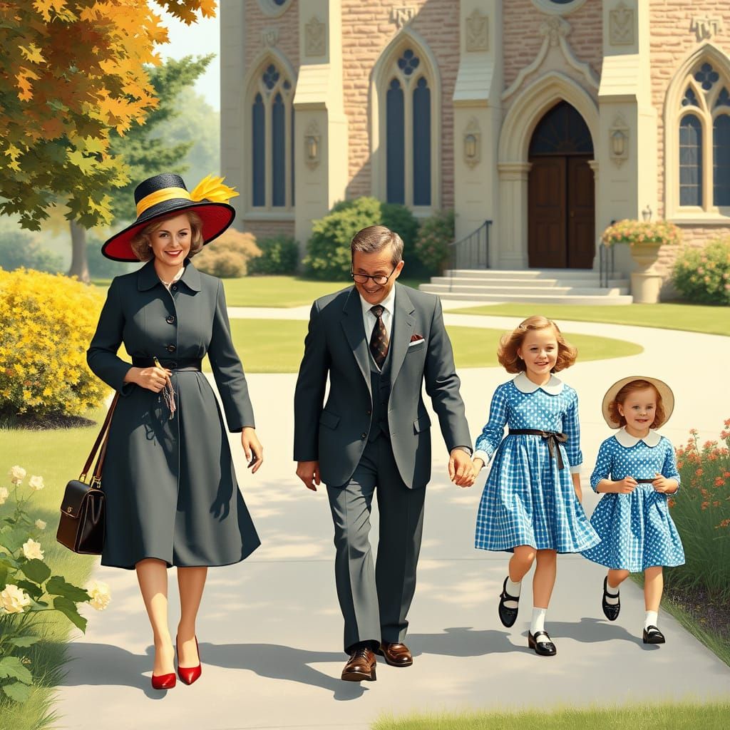 Family Sunday Morning Stroll in Classic 1950s Style