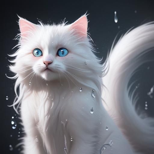 Hyperrealistic White Cat with Water Droplets