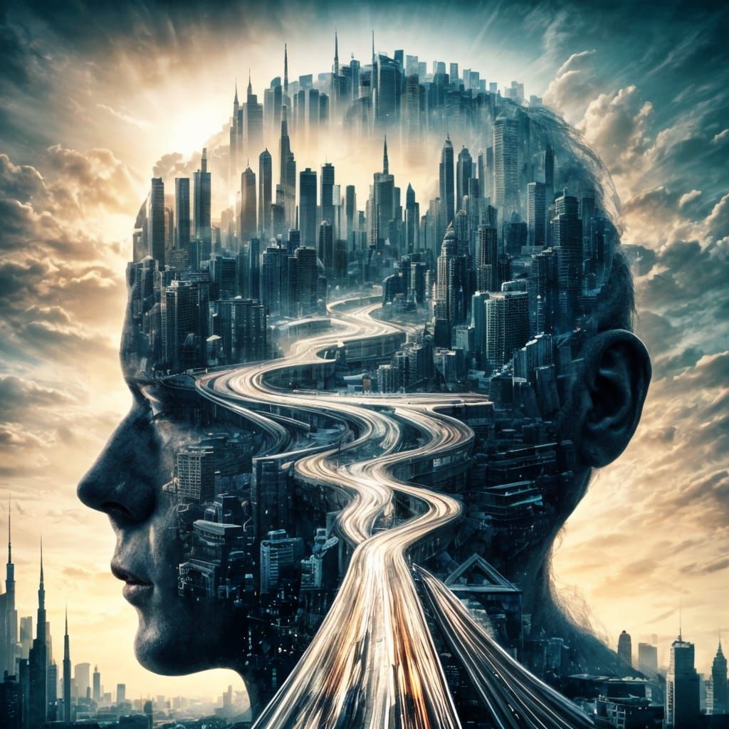 Surreal City Face Double Exposure, Hyperrealistic Art