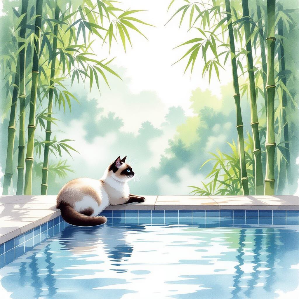 Siamese Cat Lounging by Infinity Pool in Watercolor Style