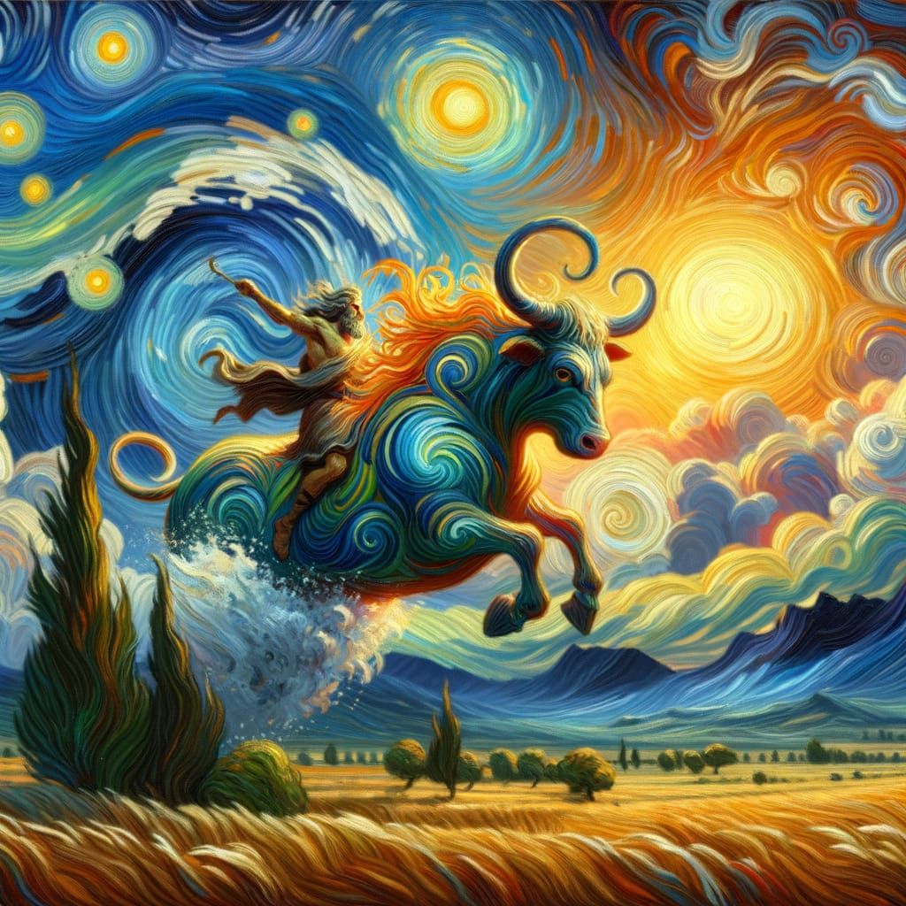 Cow Rides into Sunrise as Van Gogh Painting