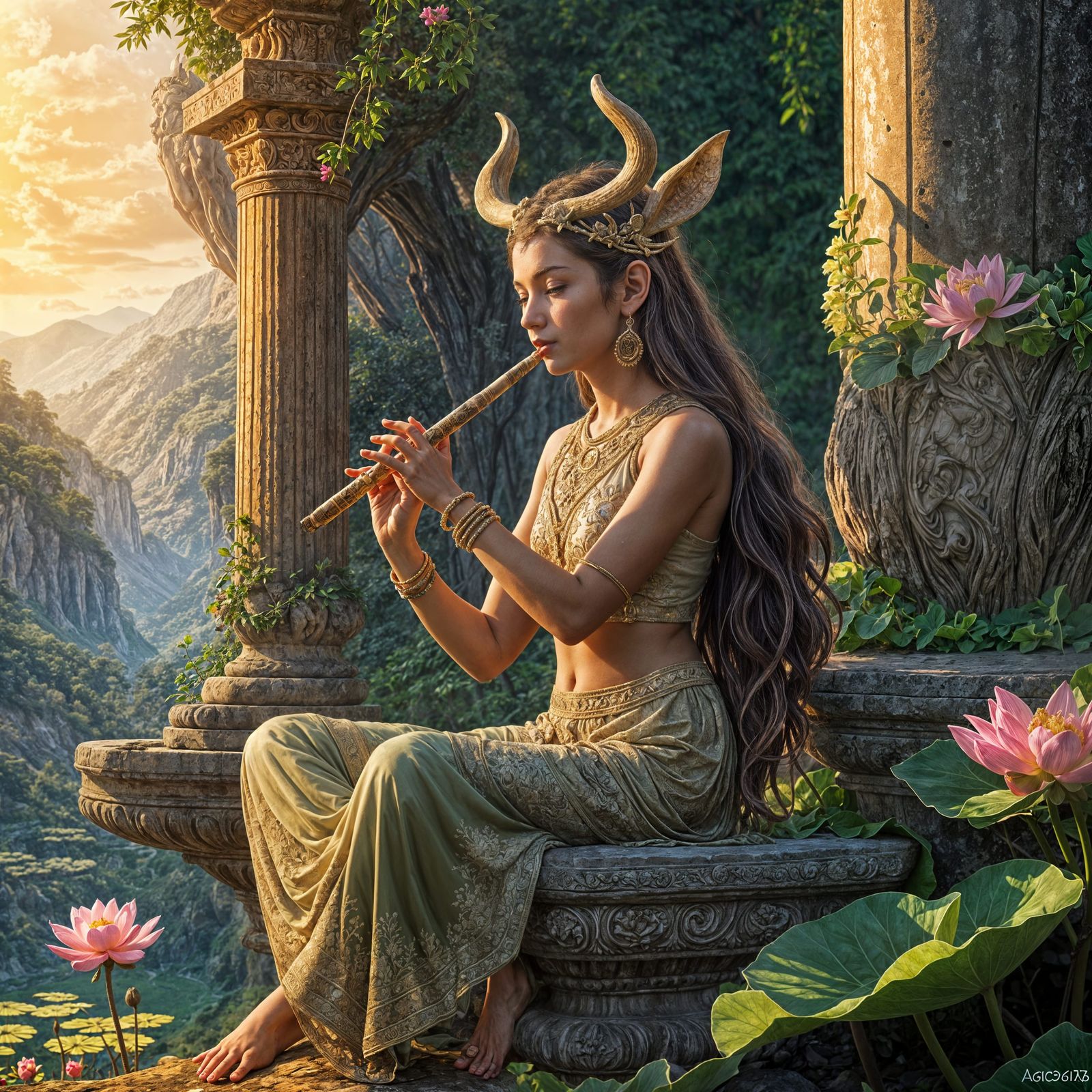 Hyperrealistic Faun Woman Plays Flute in Arcadian Landscape