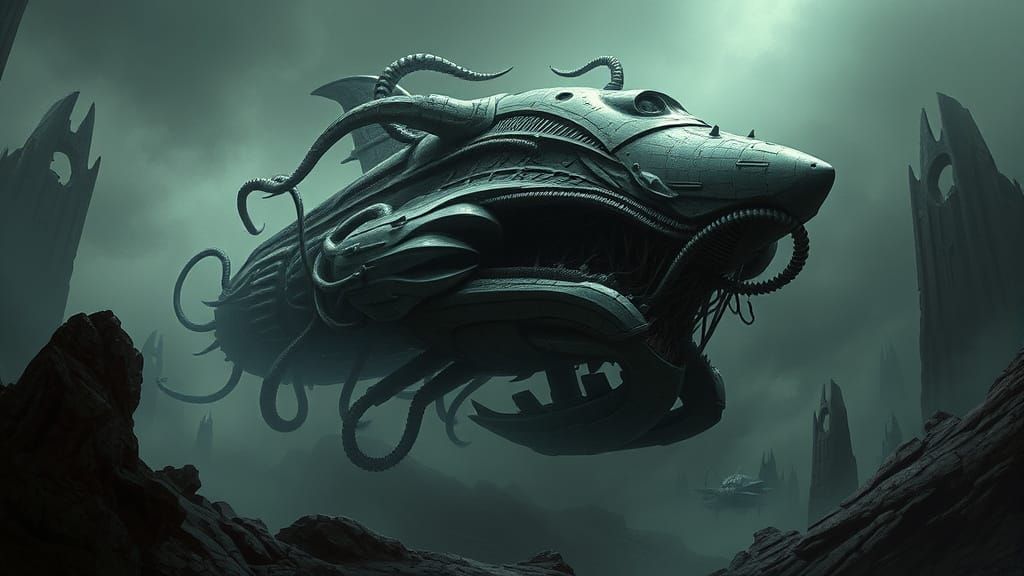 Ominous Biomechanical Alien Spaceship in Dark Atmosphere