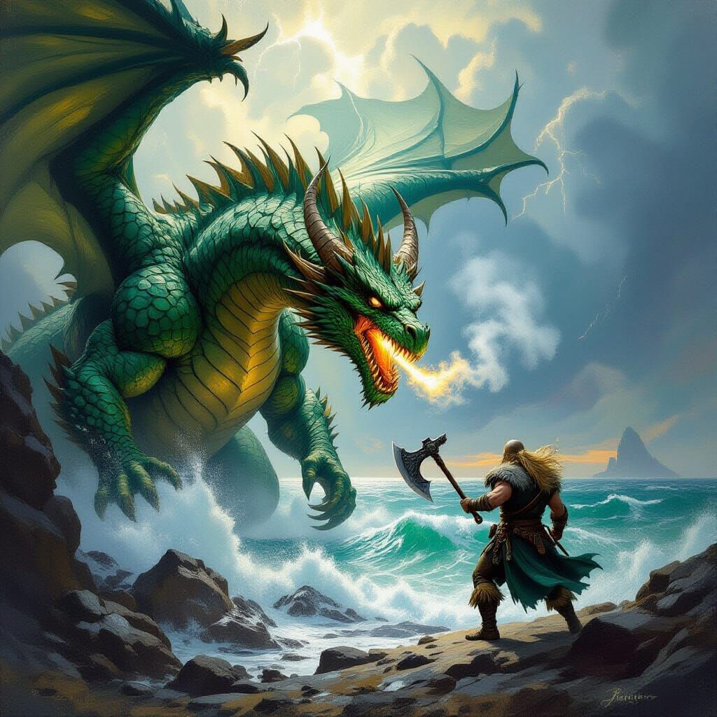 Dragon vs Viking Oil Painting in Dramatic Style