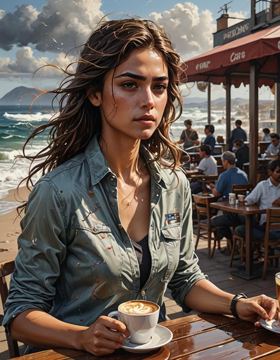 Freckled Brunette by the Sea: Hyperrealistic Splash Art
