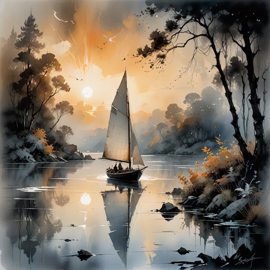 Surreal Watercolour Landscape with Serene Sailing Boat