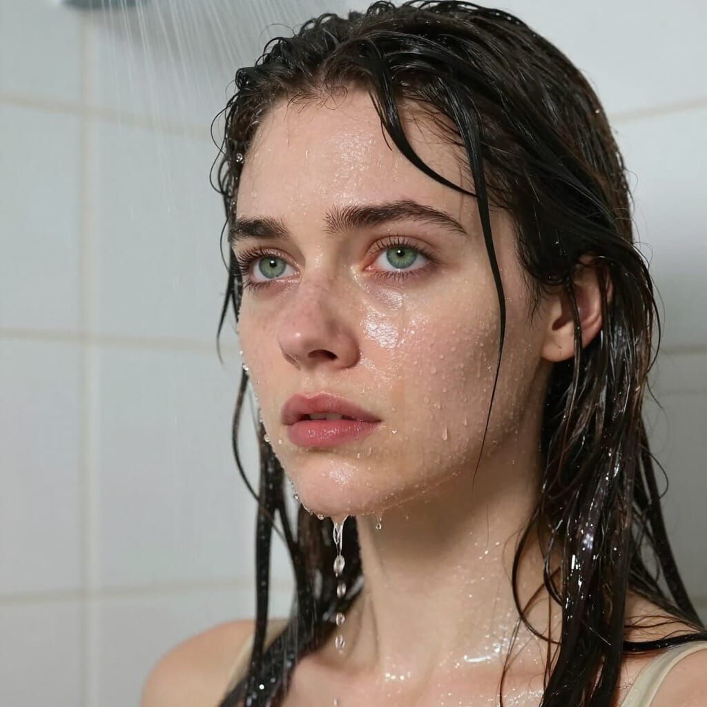 Woman in Shower, Sad Expression, Hyperrealistic Photo