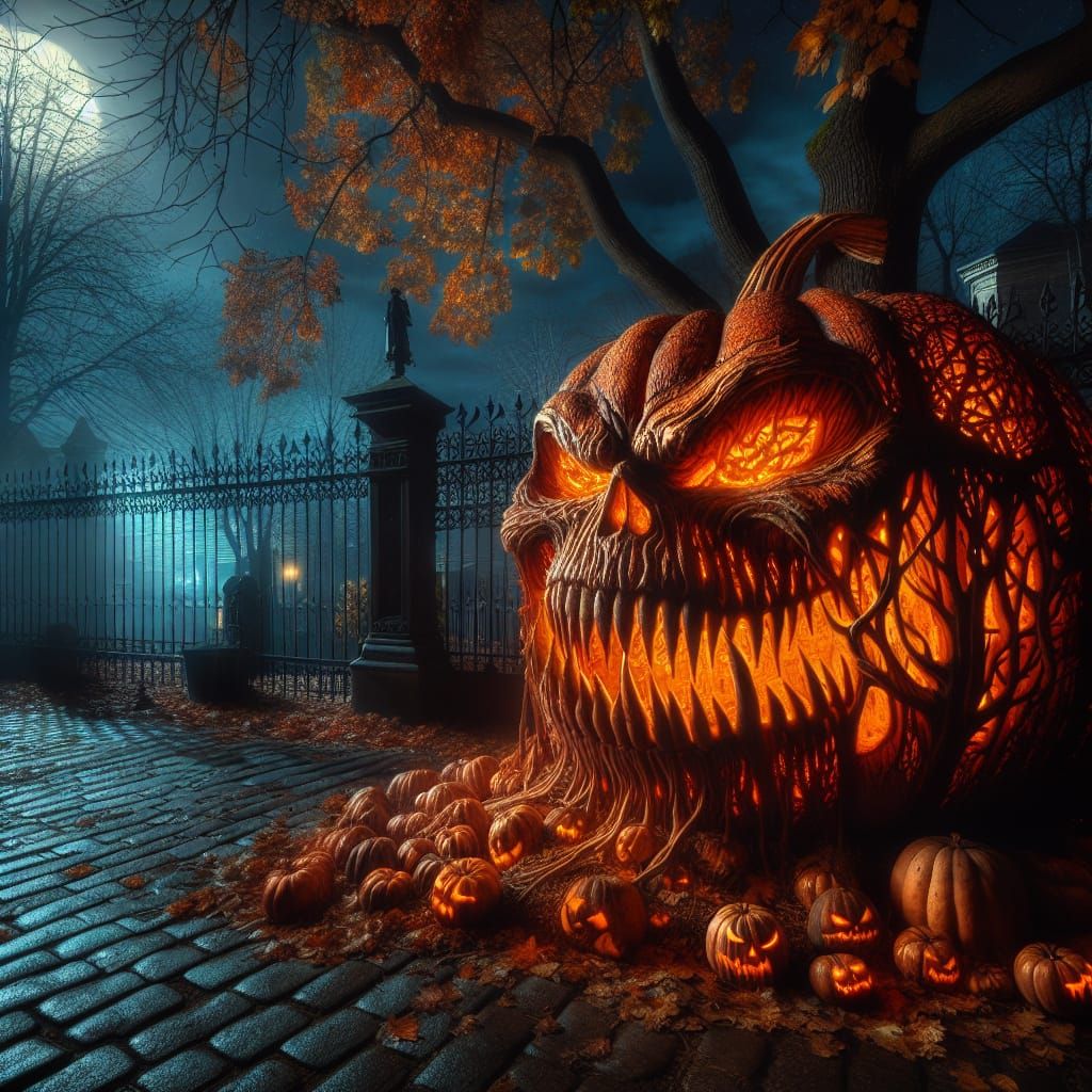 Eerie Halloween Scene with Gigantic Carved Pumpkin