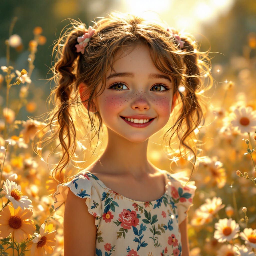 Smiling Girl in Floral Dress with Dreamy Golden Light