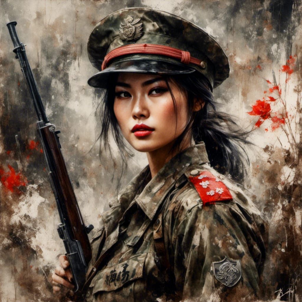 Beautiful Japanese Soldier in China, Macabre Oil Canvas
