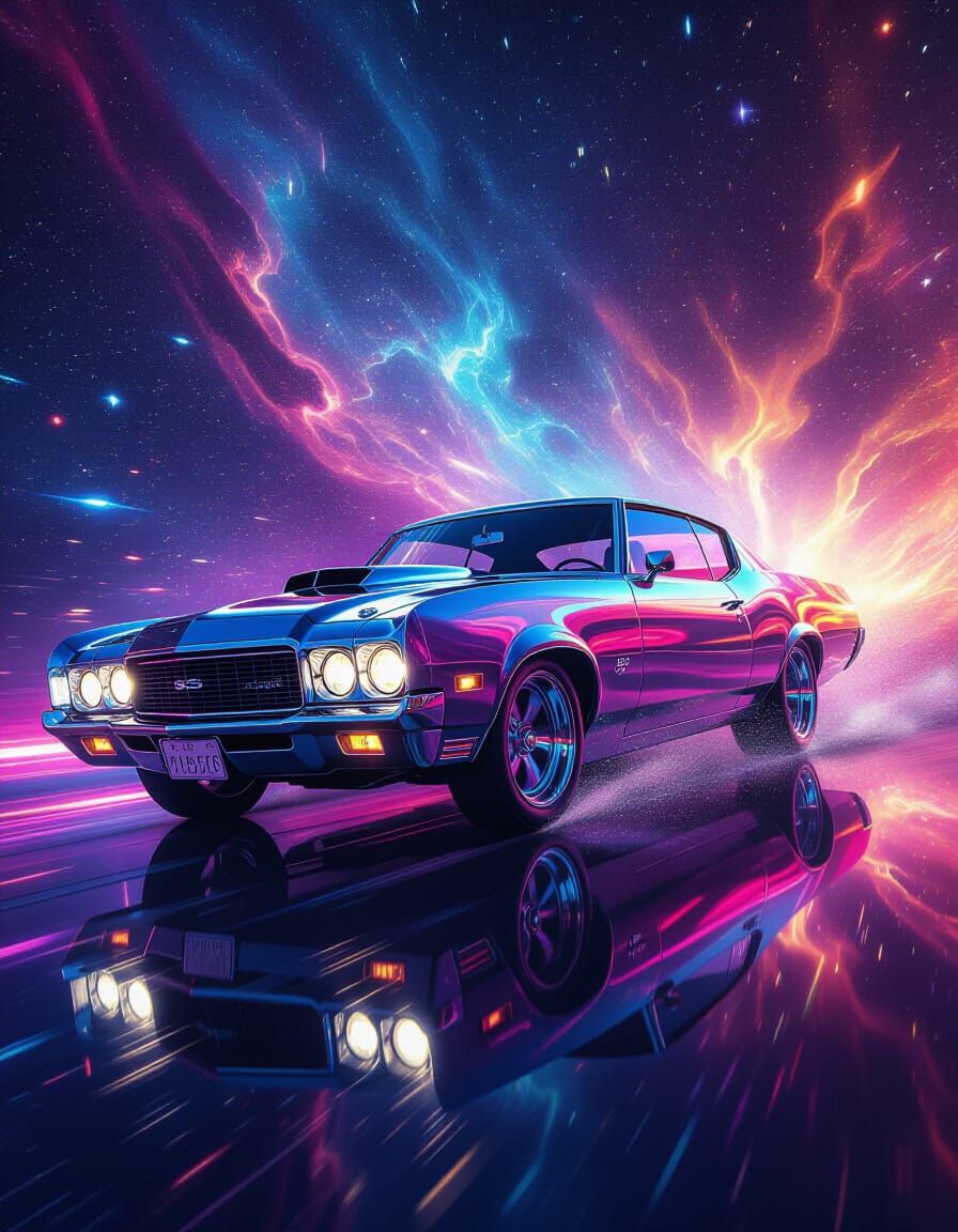 Chrome Muscle Car Drifts Through Neon Nebula