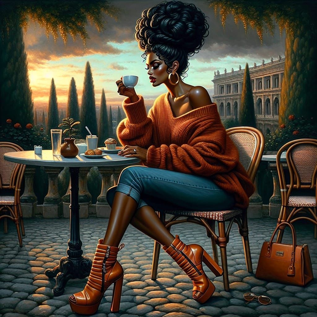Radiant Woman at Cafe: An Oil Painting
