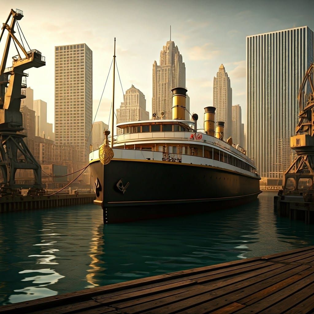 Chicago Steamship at Dock in Art Deco Style
