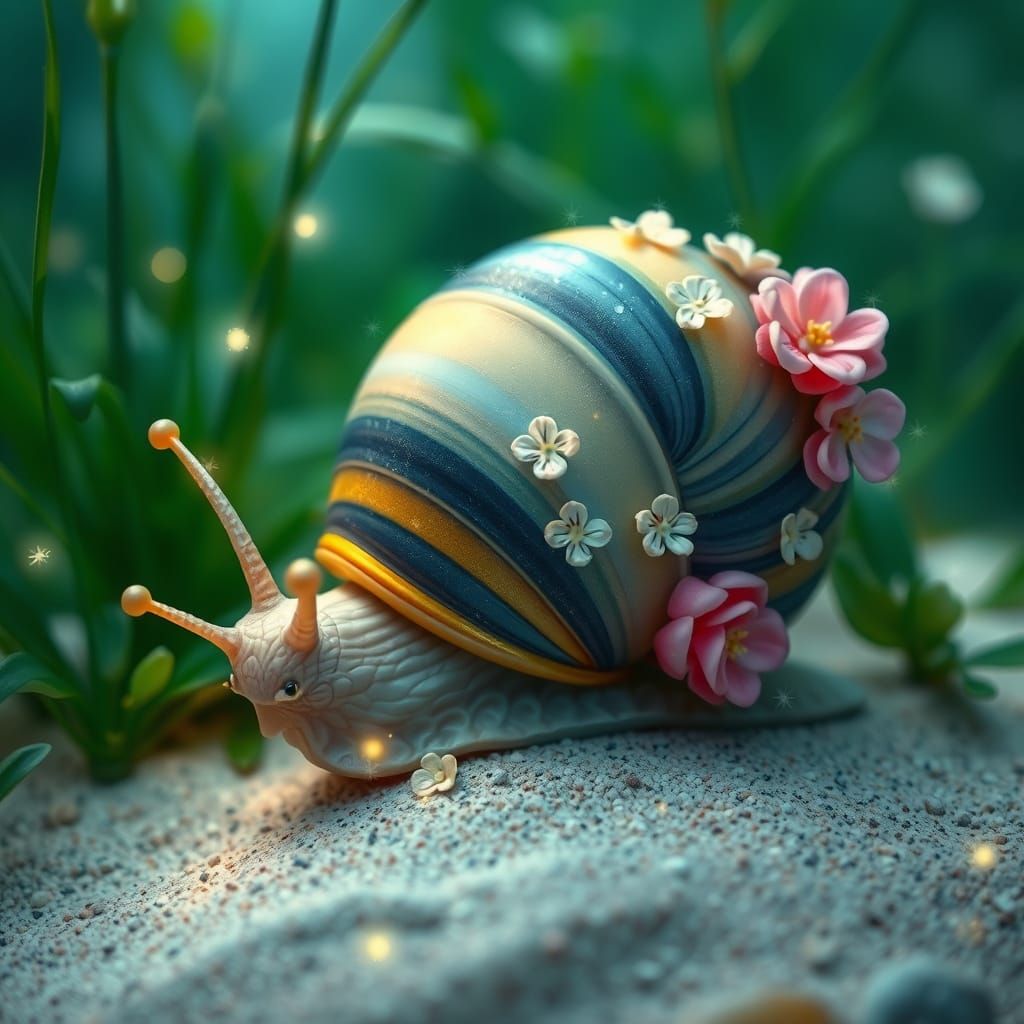 A whimsical snail perched on a sandy surface, trees a shell ...