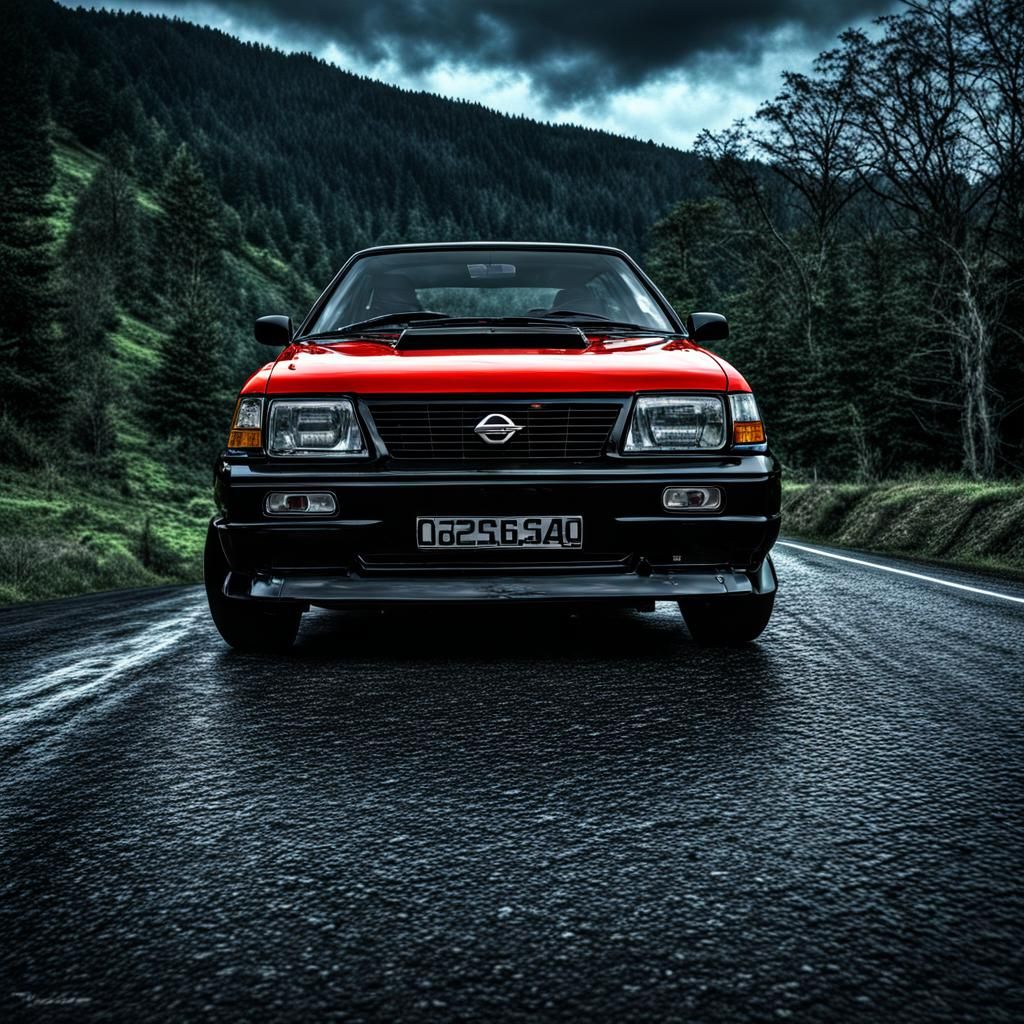 Hyperrealistic Nissan on a Road in Red and Black