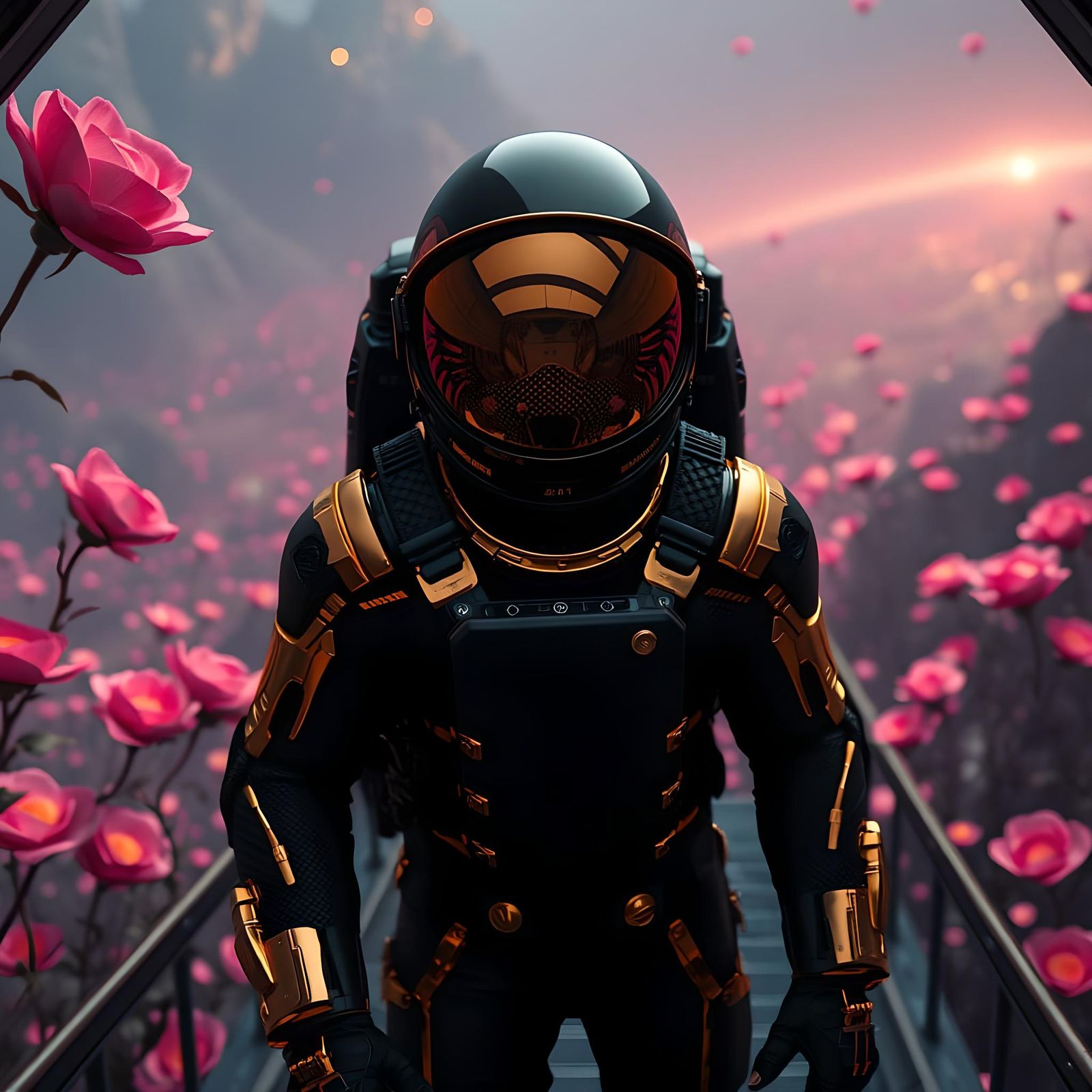 Astronaut on Alien Planet with Glowing Roses
