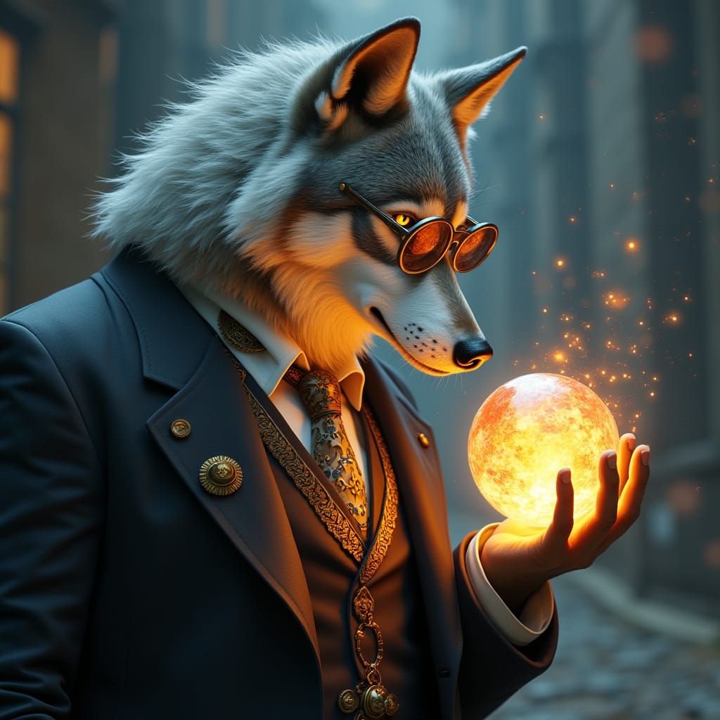 Steampunk Wolf Examining Orb in Hyperrealistic Style