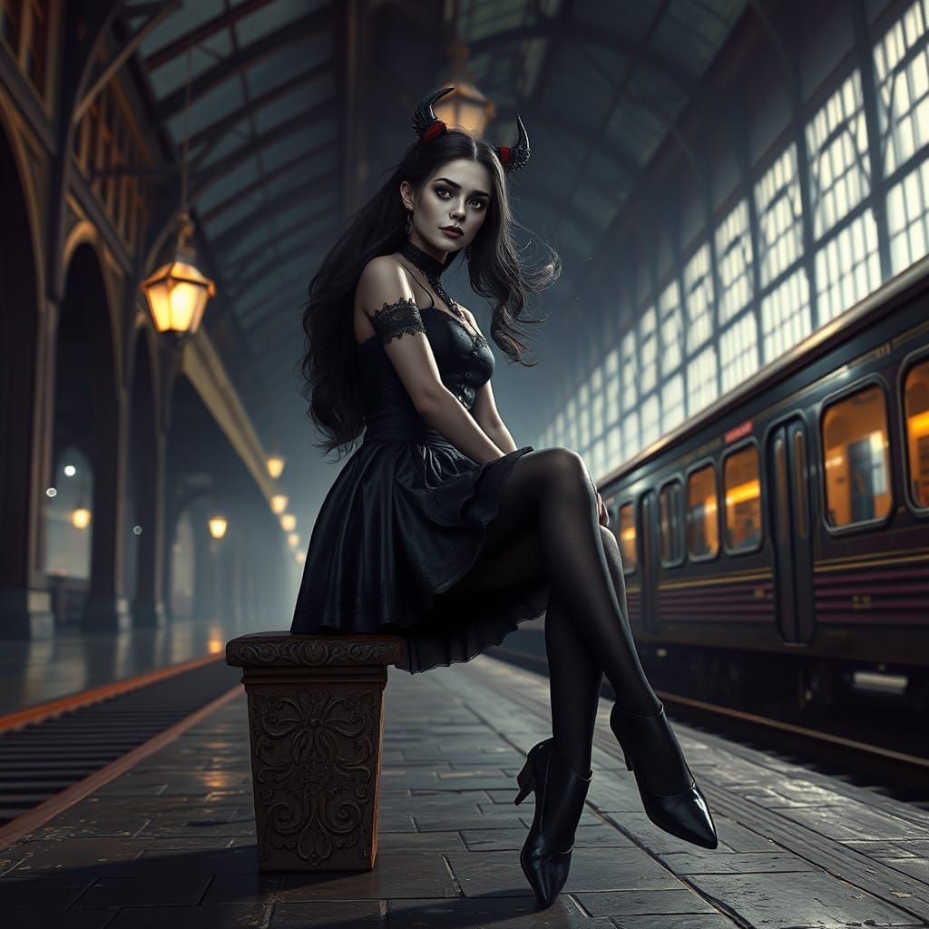 Skarlett, Gothic, Heavy make-up, Black shiny pantyhose, ballerina shoes, 
Train Station in the year 1830