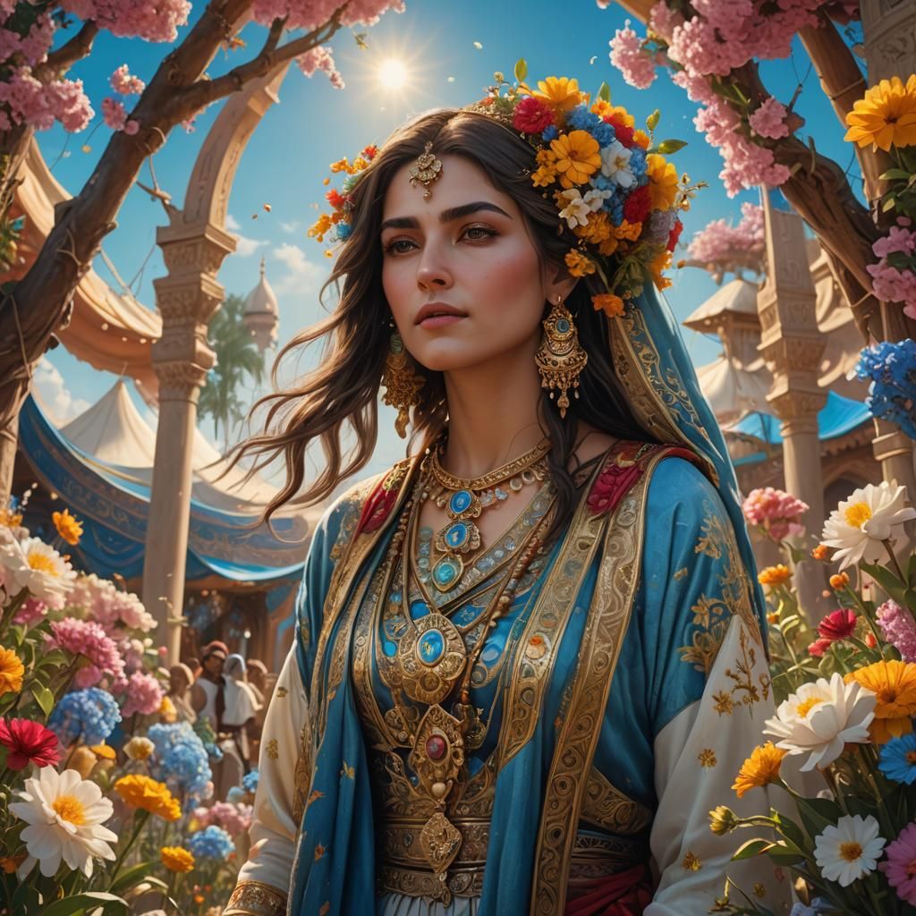 Persian Woman Portrait with Flowers, Digital Art
