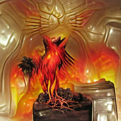 Phoenix Rising from Ashes on Altar