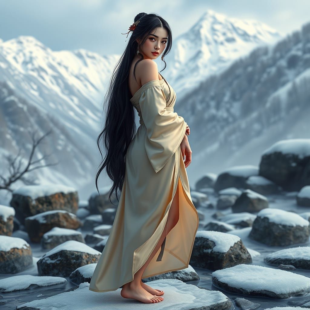 Serene Chinese Woman in Snowy Winter Landscape